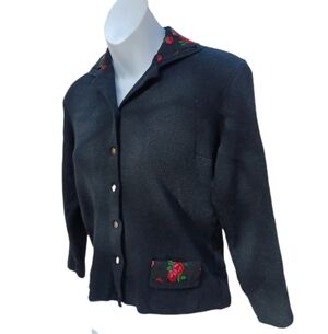 Black Cropped Sweater Merino Wool Button Front Size S